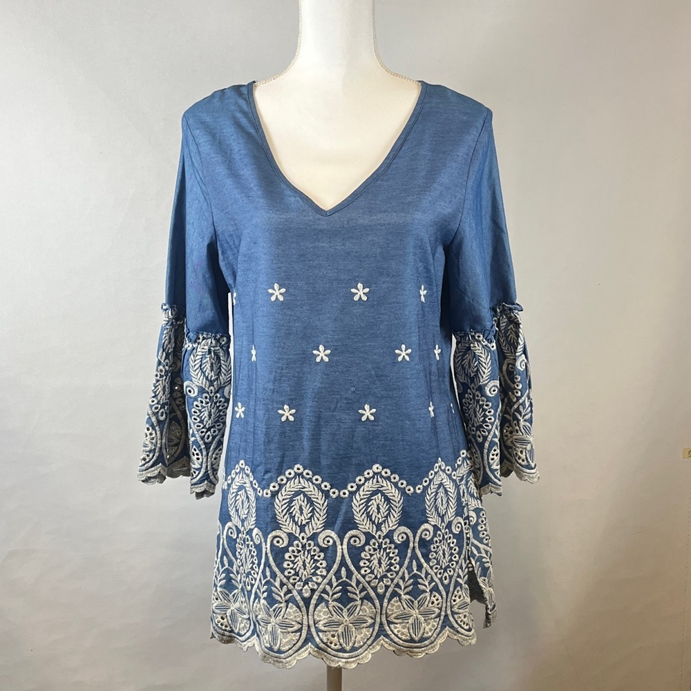Calessa Bohemian Blue Embroidered Bell Sleeve V-Neck Peasant Top Blouse Size M